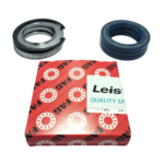 Leistritz L3MF service kit mechanical seal rings positioned alongside an authentic FAG quality spare parts box on a black background.