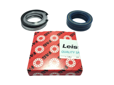 Leistritz 5601322 Pump Service Kit with OEM Packaging Leistritz L3MF service kit mechanical seal rings positioned alongside an authentic FAG quality spare parts box on a black background.