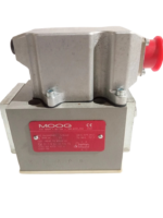 MOOG D631K 294FK servo control valve side view showing red technical specification nameplate and port markings
