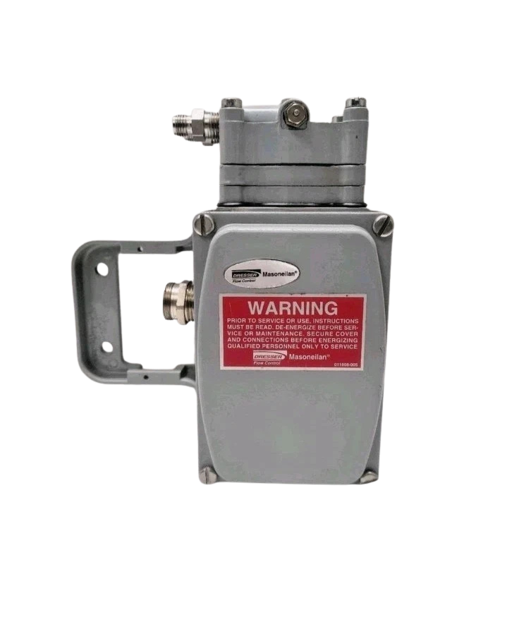 Masoneilan Dresser 8012-4C Valve Positioner Front view of Masoneilan Dresser 8012-4C electro-pneumatic positioner with red safety warning label and housing