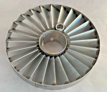Mitsubishi BTR-0102-008 Burner Primary Swirler Vane Geometry Top-down view of a genuine Mitsubishi Heavy Industries burner primary swirler model BTR-0102-008 HNG490 showing the heat-resistant alloy axial blades and concentric mounting sleeve ring.