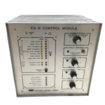 Front control panel faceplate of a National Oilwell Varco EG-III Control Module showing the annunciator trip LEDs, status indicators, engine control mode selector switch, circuit breaker toggle, and potentiometers for voltage trim, frequency trim, and high idle trim.