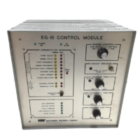 Front control panel faceplate of a National Oilwell Varco EG-III Control Module showing the annunciator trip LEDs, status indicators, engine control mode selector switch, circuit breaker toggle, and potentiometers for voltage trim, frequency trim, and high idle trim.