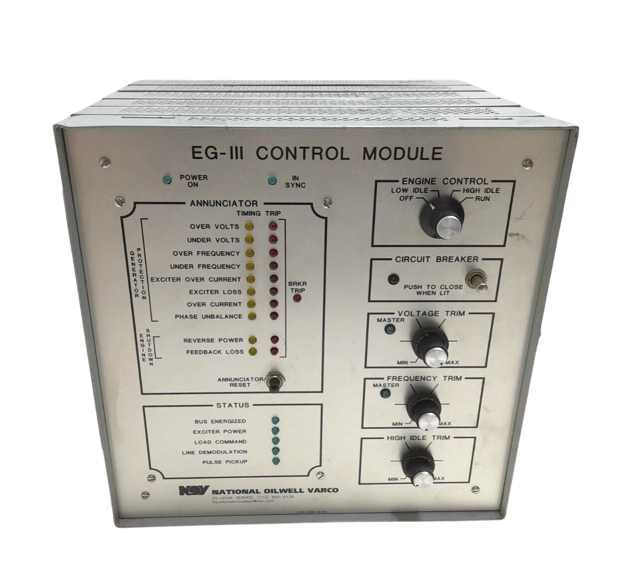 National Oilwell Varco 10506109-001 EG-III Front control panel faceplate of a National Oilwell Varco EG-III Control Module showing the annunciator trip LEDs, status indicators, engine control mode selector switch, circuit breaker toggle, and potentiometers for voltage trim, frequency trim, and high idle trim.