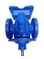 Industrial Netzsch LN48/80-S0-6L double screw marine lube oil pump isolated on a clean black background.