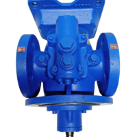 Industrial Netzsch LN48/80-S0-6L double screw marine lube oil pump isolated on a clean black background.