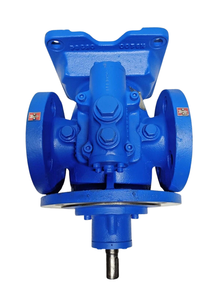 Netzsch LN4880-S0-6L Double screw pump Industrial Netzsch LN48/80-S0-6L double screw marine lube oil pump isolated on a clean black background.