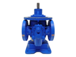 Netzsch LN48/80-S0-6L double screw pump front view showcasing blue cast iron housing and dual-flange configuration.