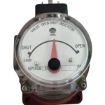 Front dial face of OVAL Valve Open-Shut Indicator model NPI45B10 showing the red needle pointer, SHUT to OPEN scale, OVAL logo, and the stamped 814cc capacity rating.