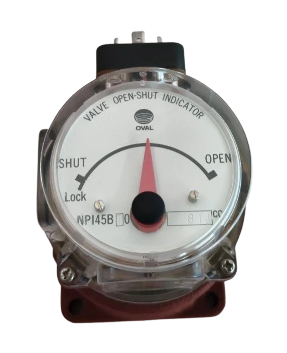 OVAL NPI45B10 Valve Open Shunt Indicator Front dial face of OVAL Valve Open-Shut Indicator model NPI45B10 showing the red needle pointer, SHUT to OPEN scale, OVAL logo, and the stamped 814cc capacity rating.