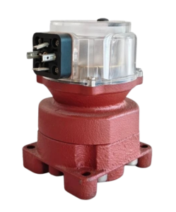 OVAL NPI45B10 (814CC) Valve Indicator - Electrical Terminal Side View Side view of OVAL NPI45B10 Valve Open Shunt Indicator showing the red cast iron base, clear plastic dial housing, and the 3-pin electrical microswitch terminal connector block.