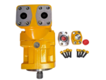 Top and side view of the yellow Parker F12-080 Hydraulic Motor (Part No. 3780786) showing the port connections, mounting flange, splined shaft, and included fittings kit.