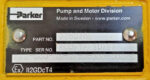Close-up photograph of the identification data plate on the Parker F12-080 Hydraulic Motor, clearly showing Part No. 3780786, Model F12-080-MS-SV-U-000-000-0, and Serial No. 200912210696.