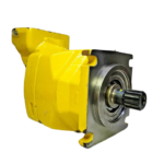 Opposite side view of the bright yellow Parker F12-150-MF-SV-S-000-0000-00 bent-axis hydraulic motor assembly.