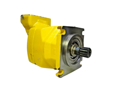 New Unused Surplus Parker 3787725 Hydraulic Motor Opposite side view of the bright yellow Parker F12-150-MF-SV-S-000-0000-00 bent-axis hydraulic motor assembly.