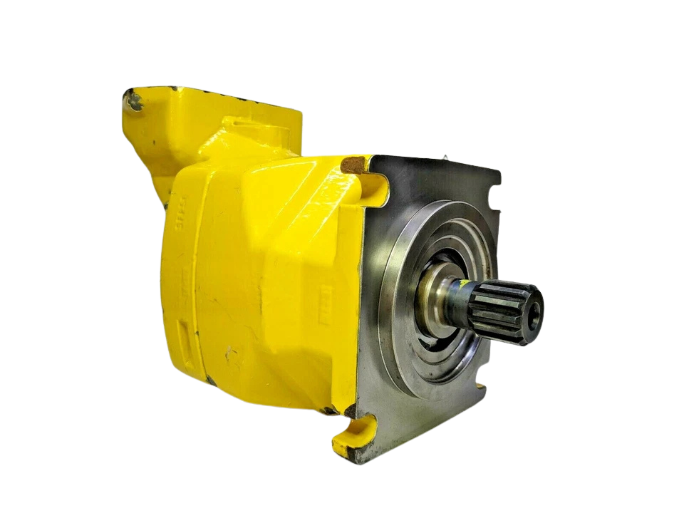 Parker F12-150-MF-SV-S-000-0000-00 Opposite side view of the bright yellow Parker F12-150-MF-SV-S-000-0000-00 bent-axis hydraulic motor assembly.