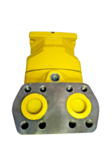 Parker Hydraulic Motor 3787725 - Rear Port Configuration Rear connection port plate of a yellow Parker F12-150 hydraulic motor with yellow protective shipping plugs installed.