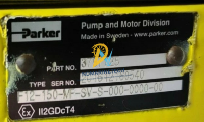 Parker F12-150-MF-SV-S-000-0000-00 Specification Label Close-up of the Parker Hannifin nameplate showing Part No 3787725 and Type Code F12-150-MF-SV-S-000-0000-00.