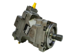 Isometric angular view of the Parker V12-060 hydraulic motor emphasizing the transition from the splined shaft mounting interface to the variable bent-axis piston body.