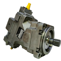 Isometric angular view of the Parker V12-060 hydraulic motor emphasizing the transition from the splined shaft mounting interface to the variable bent-axis piston body.