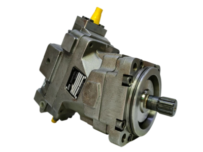 Isometric Product View - Parker Variable Displacement Motor 3789273 Isometric angular view of the Parker V12-060 hydraulic motor emphasizing the transition from the splined shaft mounting interface to the variable bent-axis piston body.
