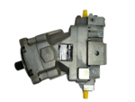 Side profile view of a brand new Parker V12-060 variable displacement hydraulic motor against a black background, showcasing the cast iron housing and central metal nameplate.
