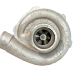 Front intake view of Garrett TO4E35 turbocharger for Perkins 1006-6T engine highlighting the cast aluminum Garrett compressor housing, A/R .50 markings, and internal compressor wheel blades.