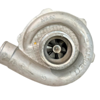 Front intake view of Garrett TO4E35 turbocharger for Perkins 1006-6T engine highlighting the cast aluminum Garrett compressor housing, A/R .50 markings, and internal compressor wheel blades.