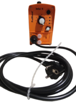 ProMinent Beta 4 metering pump front view with power cable coiled in foreground, featuring orange housing and adjustment dials.