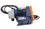Side profile of ProMinent Beta 4 solenoid diaphragm pump, highlighting blue cooling fins, grey liquid end head, and mounting base.