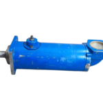 Complete side profile of the blue-cased SEIM PX055 marine hydraulic screw pump highlighting the SAE inlet port and relief valve assembly.