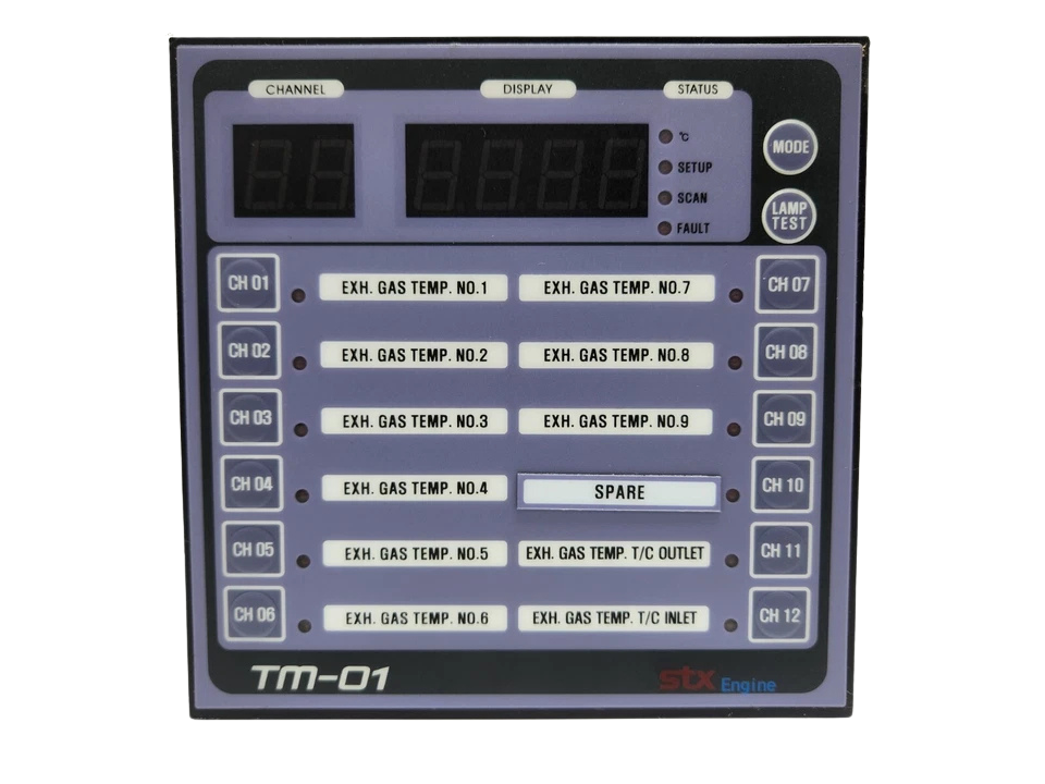 STX Engine TM-01 Module Front display panel of STX Engine TM-01 monitoring module featuring digital channel displays and Exhaust Gas Temperature indicators from CH 01 to CH 12