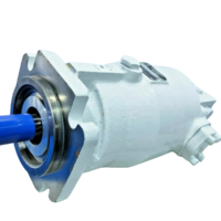 New surplus Sundstrand Hydro-Transmission axial piston hydraulic motor with a blue plastic cap protecting the splined drive shaft against a black background