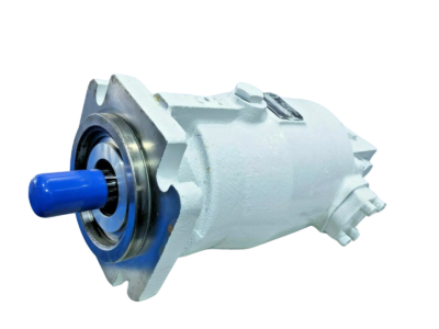 Sundstrand Hydro-Transmission 64917003 Hydraulic Motor - New Surplus Stock New surplus Sundstrand Hydro-Transmission axial piston hydraulic motor with a blue plastic cap protecting the splined drive shaft against a black background
