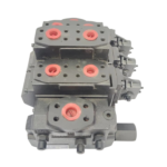 Top-down view of a modular Sauer Danfoss PVG-120 proportional directional control valve stack highlighting the mounting matrix.