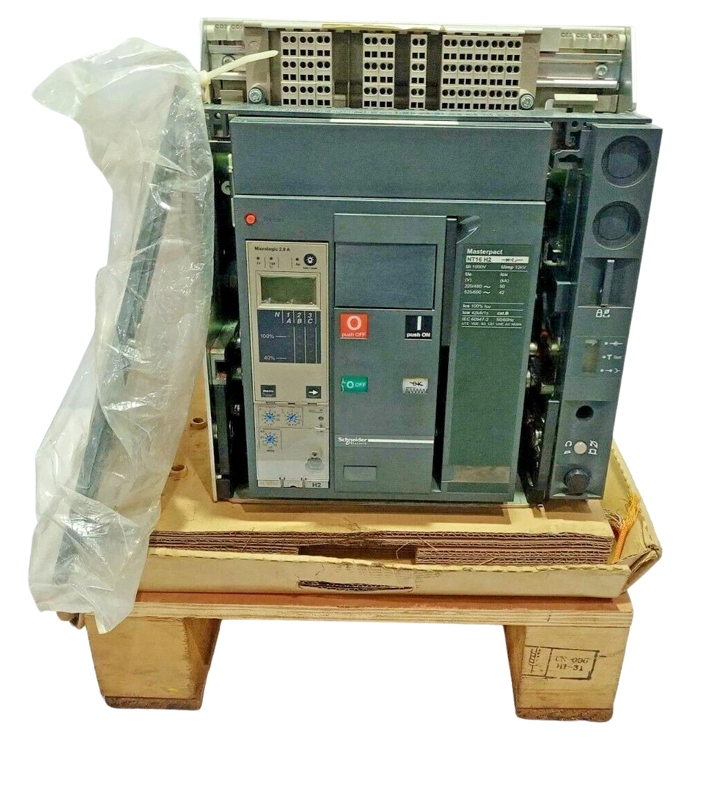 Schneider Electric Masterpact NT16 H2 Schneider Electric factory packaging label for MPN 338857 showing Drawout NS-NT06-16 Door Frame accessory inside a clear protective plastic wrap.