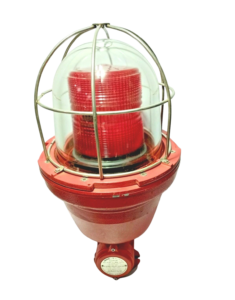 Sirena EX 0100 STL L 110VAC 40W Explosion-Proof Red Signal Beacon Assembly Sirena EX 0100 STL L explosion-proof industrial visual signaling beacon featuring a heavy-duty red aluminum base, a clear borosilicate glass outer dome protected by a stainless steel wire guard cage, and an internal red Fresnel lens.