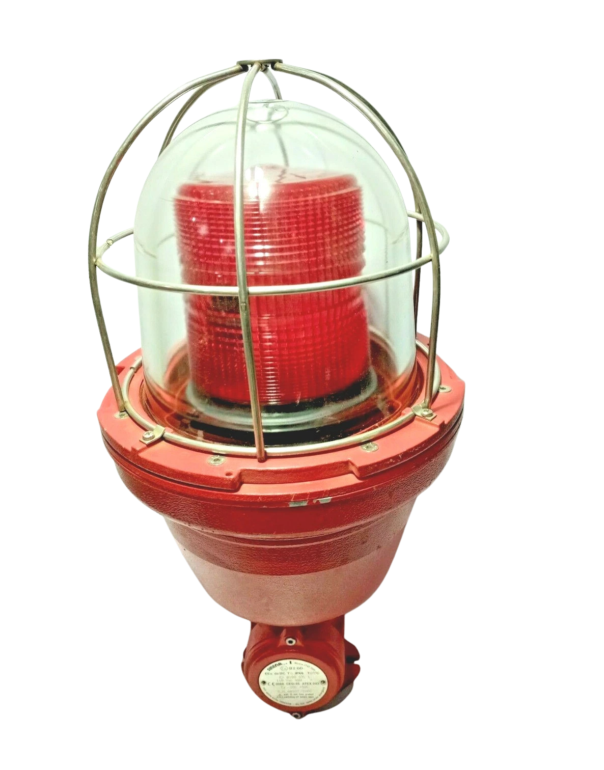 Sirena EX 0100 STL L Sirena EX 0100 STL L explosion-proof industrial visual signaling beacon featuring a heavy-duty red aluminum base, a clear borosilicate glass outer dome protected by a stainless steel wire guard cage, and an internal red Fresnel lens.