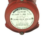 Technical nameplate of Sirena EX 0100 STL L explosion proof signaling device showing ATEX Ex II 2 GD EEx de IIC T6 IP66 markings, 110Vac 40W electrical rating, and CESI 05 ATEX 043 certification details on a red metal housing.