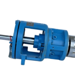 Side profile of blue cast iron Tuthill GD030S pump head, showing drive shaft, open bracket, and rear coupling against a black background.