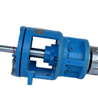 Side profile of blue cast iron Tuthill GD030S pump head, showing drive shaft, open bracket, and rear coupling against a black background.