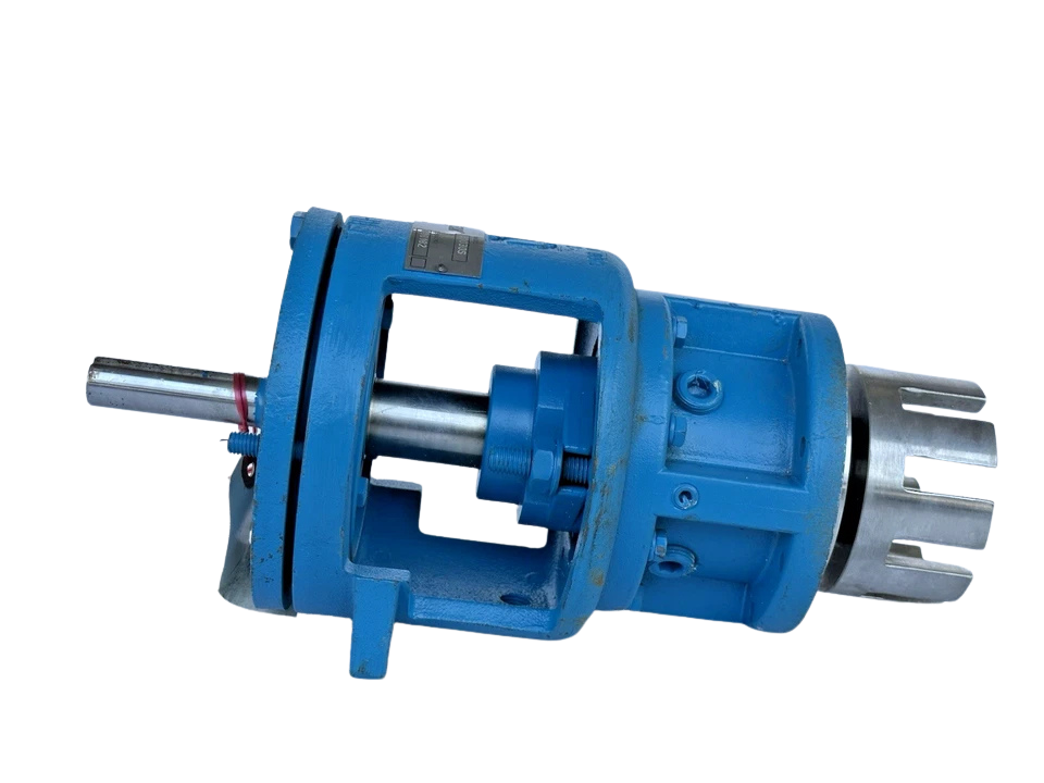 TUTHILL GD030S GLOBAL GEAR PUMP G18182(2) Side profile of blue cast iron Tuthill GD030S pump head, showing drive shaft, open bracket, and rear coupling against a black background.