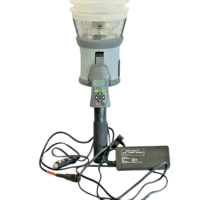Complete Testifire 1000-057 kit assembly featuring the smoke and heat test head unit, Solo battery baton, and Solo 727 mains/car power charger cables.