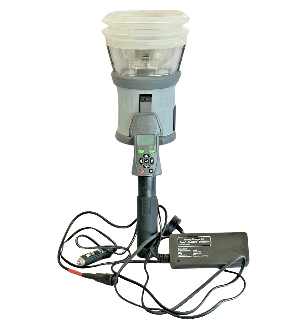 Testifire 1000-057 smoke detector tester Complete Testifire 1000-057 kit assembly featuring the smoke and heat test head unit, Solo battery baton, and Solo 727 mains/car power charger cables.