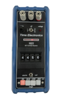 Rear label and serial number plate of Time Electronics 1021 DC Current Source calibrator inside protective rubber boot