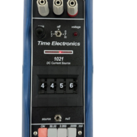 Rear label and serial number plate of Time Electronics 1021 DC Current Source calibrator inside protective rubber boot