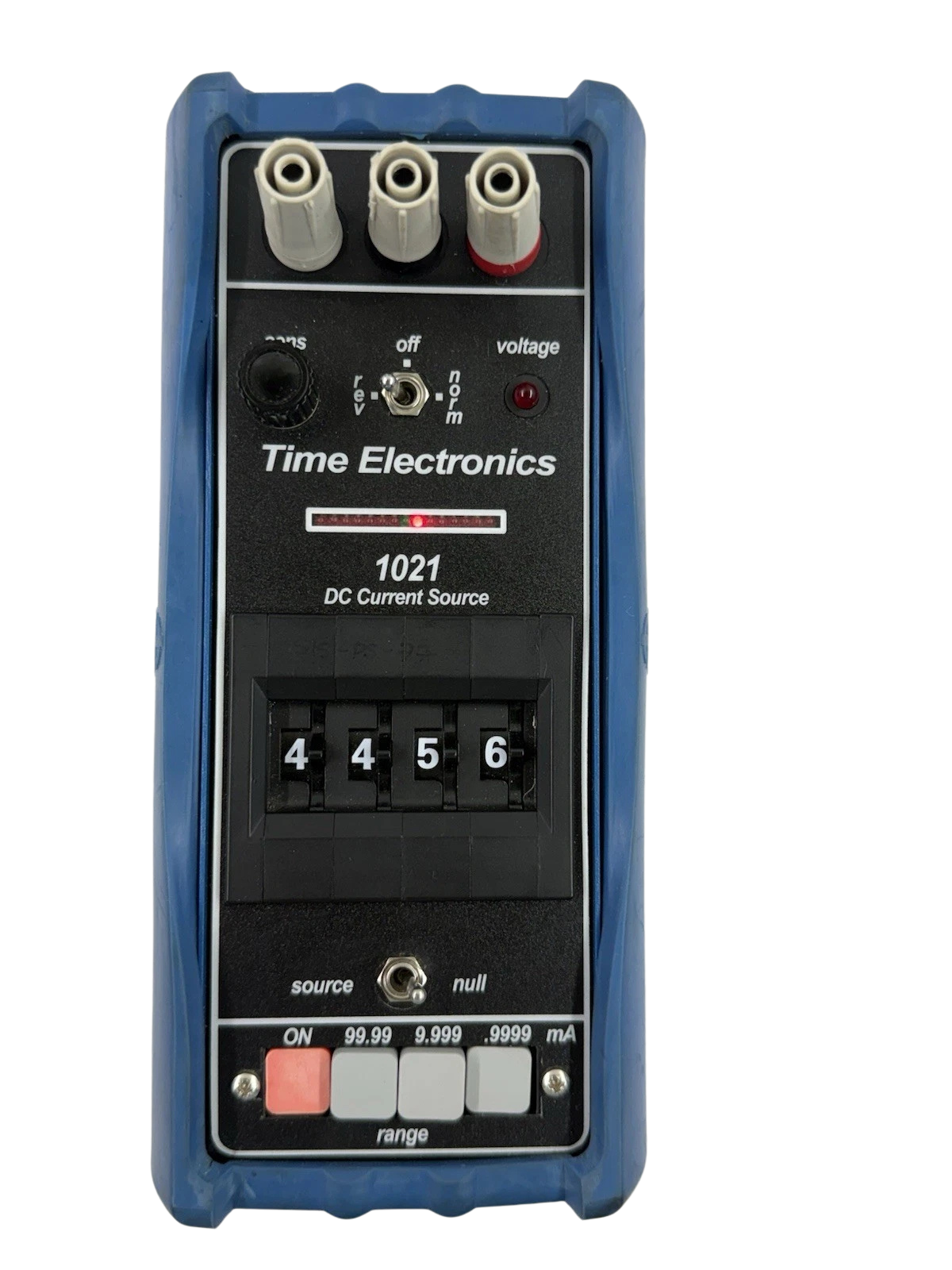 Time Electronics 1021 DC Current Source Rear label and serial number plate of Time Electronics 1021 DC Current Source calibrator inside protective rubber boot