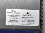 Close-up of the manufacturer specification label for the Wartsila Moss AS H3600a Inert Gas Analyzer, Type H3600a IG Single, Part ID 01488, 100-230 VAC, manufactured by Green Instruments.