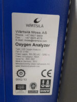 Technical data label on the blue control enclosure for the Wartsila G36 Oxygen Analyzer, Part ID 01482, showing 40VA power consumption alongside DNV, Lloyd's Register, and Bureau Veritas marine type-approval logos.