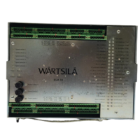Top view of Wartsila ESM-10 Engine Safety Module panel displaying terminal block allocations, LED indicator statuses, and power supply fuses.